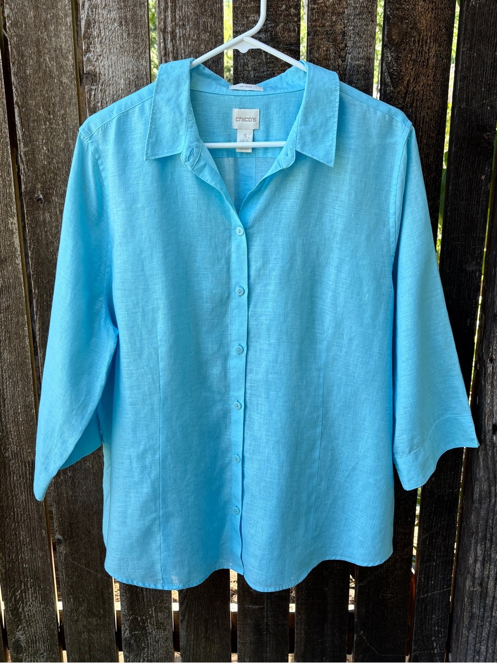 Chico’s Effortless Linen Button Back 3/4 Sleeve Top Aqua NWOT Chico’s 3/XL US